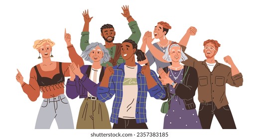 Happy people concept. Vector illustration Happy crowd creates lively atmosphere at parade Happy people create positive environment Men and women happy at fair enjoy carnival rides People on event