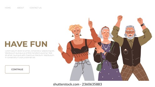 Happy people concept. Vector illustration People in victory salute their fans and supporters Good teamwork friendship guides them overcome challenges Celebrating people blow horns and throw confetti