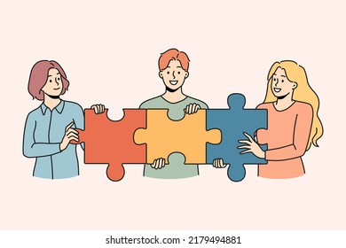 Happy people connect jigsaw puzzle together show shared business goal and motivation. Employees demonstrate cooperation and teamwork. Vector illustration. 