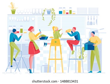 Happy People Cook on Kitchen. Woman in Apron, Man and Kids Prepare Dough, Washing Dishes, Mixing Salad in Plate, Boy Holding Saucepan. Big Family Cooking Process. Cartoon Flat Vector Illustration