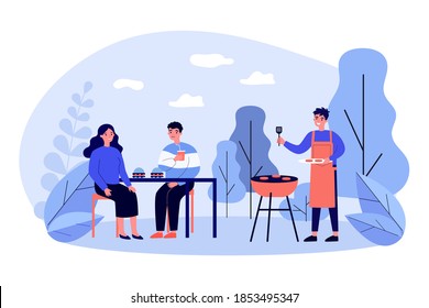 Happy people cooking and eating barbecued meat. Dinner in fast food cafe outdoors flat vector illustration. Picnic, catering concept for banner, website design or landing web page