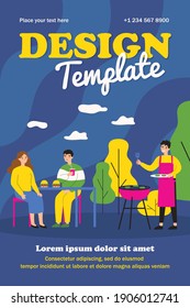 Happy people cooking and eating barbecued meat. Dinner in fast food cafe outdoors flat vector illustration. Picnic, catering concept for banner, website design or landing web page
