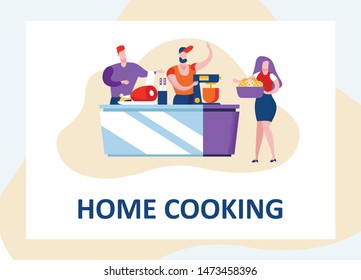 Happy People Cooking at Home, Men and Woman on Kitchen Using Different Appliances for Food Preparing, Family or Friends Spare Time, Weekend. Festive Party Meal Cartoon Flat Vector Illustration, Banner