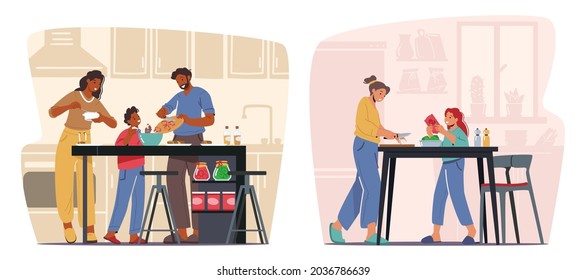 Happy People Cooking at Home. Men, Women and Kids on Kitchen Using Different Appliances for Food Preparing, Family Spare Time, Weekend Recreation, Food Preparation. Cartoon Vector Illustration