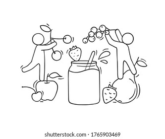 Happy people cooking jam with fresh fruits. Doodle cute illustration about the healthy food. Isolated vector about vegetarian natural nutrition.