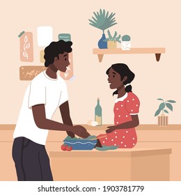 Happy people cooking on kitchen table. Father with daughter spend time together. Parents and children preparing meals for dinner, making salad. Father's day. Flat cartoon vector illustration.