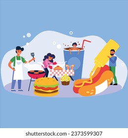 Happy people cooking sweet and fast food. Bakery, cheeseburger, soda flat vector illustration. Unhealthy diet, snack, cafe, restaurant concept for banner, website design or landing web page