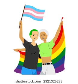 Happy people couple holding rainbow and transgender flags during pride month