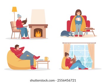 Happy people at cozy home in winter cold weather. Snowy winter season indoor activity. Male and female Characters. Vector illustration isolated on white background.