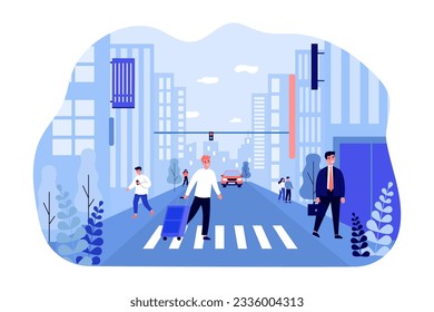 Happy people crossing road in big city vector illustration. Urban area with transport, traffic light, skyscrapers, citizens on street. Urbanization, city life, transportation, mobility concept