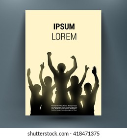 Happy people crowd with hands up. Book of secrets of successful team work collaboration, business and life story. Music summer open air rock concert or dance party. Fan art vector illustration.