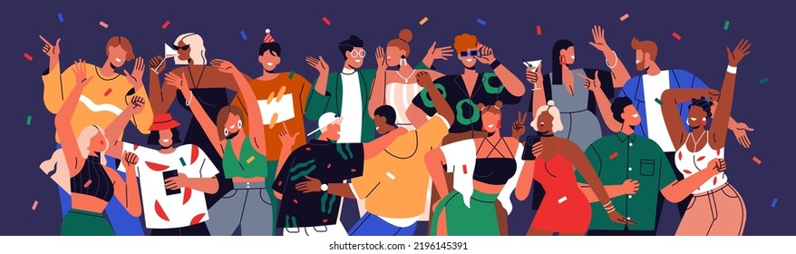 Happy people crowd at holiday party. Friends dancing, having fun together. Young men and women characters group, youth celebrating event with joy. Nightlife concept. Colored flat vector illustration - Shutterstock ID 2196145391
