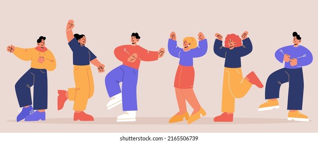 Happy people dance in different poses and joy together. Vector flat illustration of group of excited men and women celebrating holiday having fun isolated on background