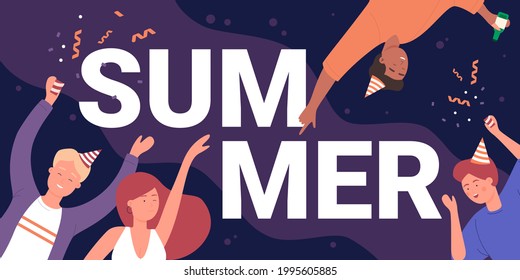 Happy people dance at fun summer party vector illustration. Cartoon young man woman friends characters dancing to music near summer word together, night festival or disco party summertime background