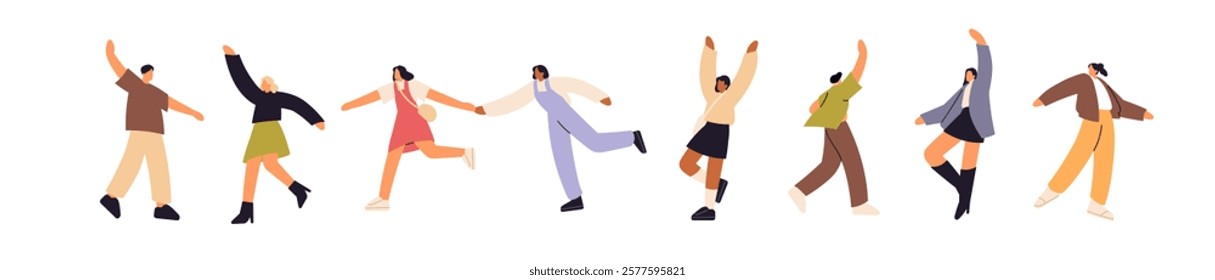 Happy people dance, have fun set. Joyful characters hands up, rejoice at success, celebrate holiday. Different men and women welcome, waving. Flat isolated vector illustration on white background