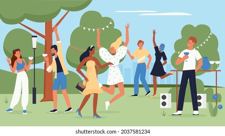 Happy people dance to music at fun party vector illustration. Cartoon crowd of young man woman characters dancing and drinking drinks, dancers celebrate event with joy in summer park background