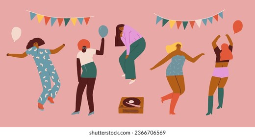 Happy people dance to music. Set of diverse modern man and woman dancing with joy and fun. Set os flat vector illustrations isolated on white background.