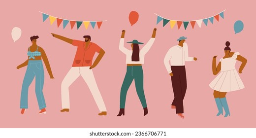 Happy people dance to music. Set of diverse modern man and woman dancing with joy and fun. Set os flat vector illustrations isolated on white background.