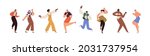 Happy people dance to music while listening to it with headphones and earphones. Set of diverse modern man and woman dancing from joy and fun. Flat vector illustration isolated on white background