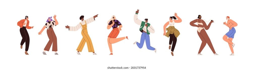 La gente feliz baila música mientras escucha con audífonos y audífonos. Conjunto de hombres y mujeres modernos y diversos bailando de alegría y diversión. Ilustración vectorial plana aislada en fondo blanco