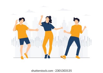 La gente feliz baila música mientras escucha con audífonos y audífonos. Conjunto de hombres y mujeres modernos y diversos bailando de alegría y diversión concepto de ilustración