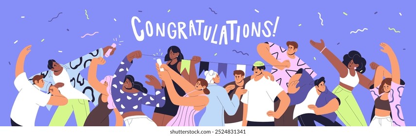 Happy people dance at the party. Crowd celebrates Birthday with flags, confetti, firecrackers. Cheerful friends move by music, have fun at holiday. Banner with congratulation. Flat vector illustration