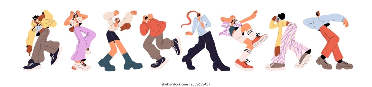 Happy people dance set. Young dancers listen to music in headphones and move. Modern men, women in earphones have fun, perform to audio. Flat isolated vector illustrations on white background