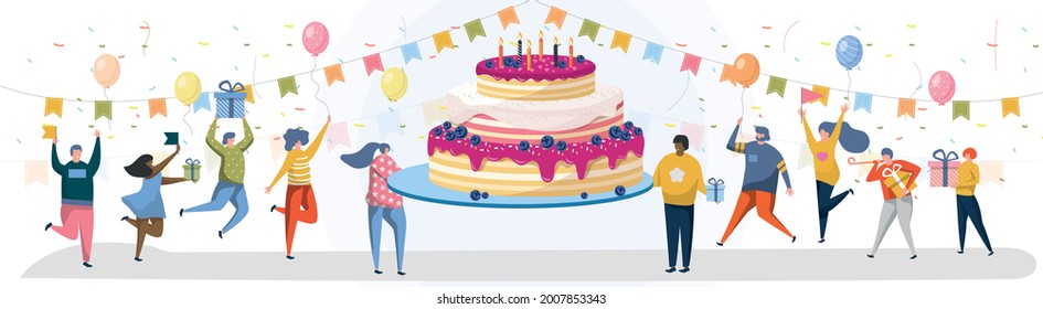 Happy people dancing around huge cake at birthday party. Man and woman character with gifts for invitation and festive party supplies, confetti celebrating, having fun vector illustration
