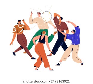 Happy people dancing at disco party. Excited men, women group moving to music. Rave and fun at night club. Young characters at discotheque. Flat vector illustration isolated on white background