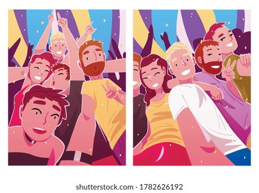 Happy People Dancing and Making Selfie Set, Men and Women Having Fun at Party, Nightclub or Music Festival Vector Illustration