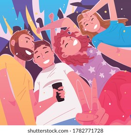 Happy People Dancing and Making Selfie on Dance Floor, Young Men and Women Having Fun at Nightclub, Party or Music Festival Vector Illustration
