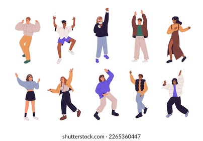 Happy people dancing to music set. Young energetic dancers, excited smiling men, women with joy, fun emotions. Girls and guys at disco party. Flat vector illustrations isolated on white background