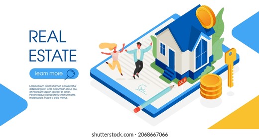 Happy people dancing near the new house isometric vector illustration. Coin falling in money box in house shape. Characters invest money in real estate property. Mortgage and rent web banner template.