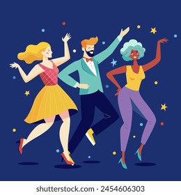 Happy people dancing at night party set. Young friends groups at disco, celebrating holiday with fun. Modern men, women at discotheque. Flat graphic vector illustrations isolated on white background

