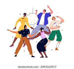 Happy people dancing at party. Discotheque with disco ball at night club. Young modern men and women friends having fun, clebrating holiday. Flat vector illustration isolated on white background