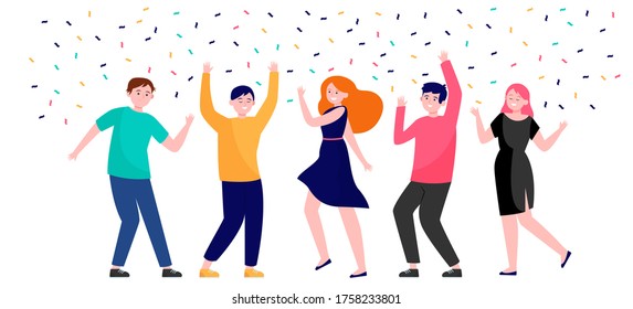 Happy people dancing at party together flat vector illustration. Cartoon excited friends or coworkers celebrating with confetti. Achievement and celebration concept