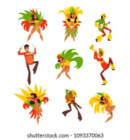 Happy people dancing and playing music, Brazil carnival, men and women in bright costumes vector Illustrations on a white background