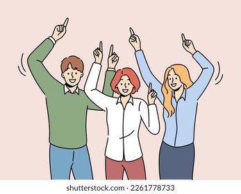 Happy people dancing together enjoying Friday. Smiling businesspeople or employees have fun at workplace. Vector illustration. 