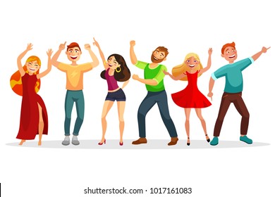 Happy people dancing in various poses vector flat illustration. Men and women dancing together isolated on white background. Group of people at the party.