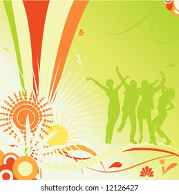 happy people dancing vector silhouette with design elements