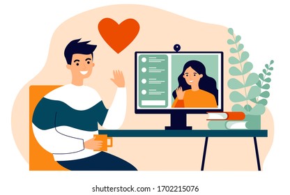 Happy people dating online flat vector illustration. Young man and woman chatting via laptop computer. Social media and communication concept.