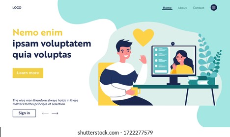 Happy people dating online flat vector illustration. Young man and woman chatting via laptop computer. Social media and communication concept.