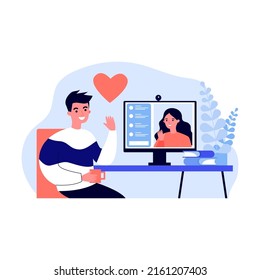 Happy people dating online flat vector illustration. Young man and woman chatting via laptop computer. Social media concept