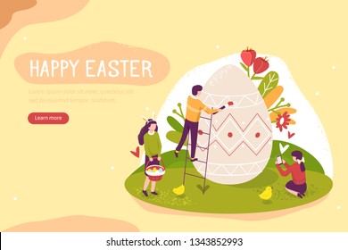 Happy people decorate Easter egg. Can use for web banner, greeting cards, backgrounds. Flat isometric vector illustration isolated on white background.