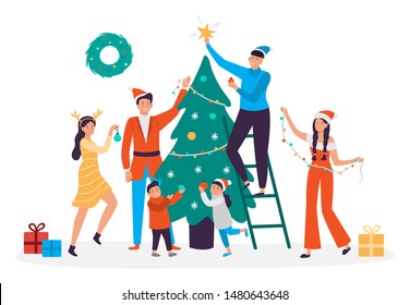 Happy people decorating christmas tree. Family preparing for New Year, 2020 xmas holiday party. People decorate home, holiday house celebration greeting postcard vector illustration