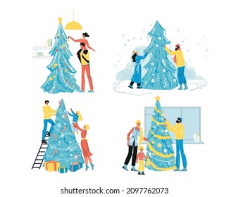 Happy people decorating Christmas tree vector isolated set. Cheerful family with children, loving couple hanging bauble on spruce pine. Xmas and mew year party preparation