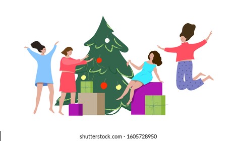 Happy  people decorating christmas tree.Vector illustration.