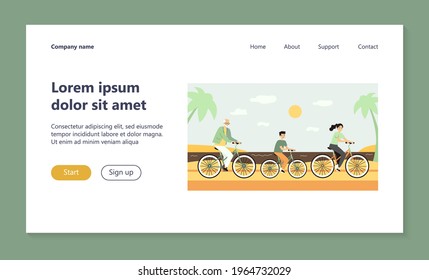 Happy people in different ages cycling along sea. Health, grandfather, boy flat vector illustration. Summer activity and lifestyle concept for banner, website design or landing web page