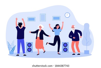 Happy people in different ages dancing at party. Music, dance, fun flat vector illustration. Entertainment and holiday concept for banner, website design or landing web page