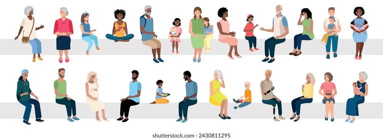 Happy people of different ages and nationalities are sitting. Men and women, elderly people and children sit in different positions. Big vector set of sitting people isolated on white background. svg